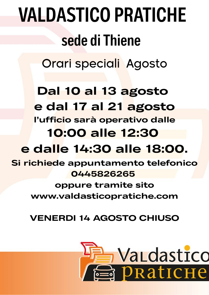 VARIAZIONI ORARIE AGOSTO 2026 SEDE DI THIENE